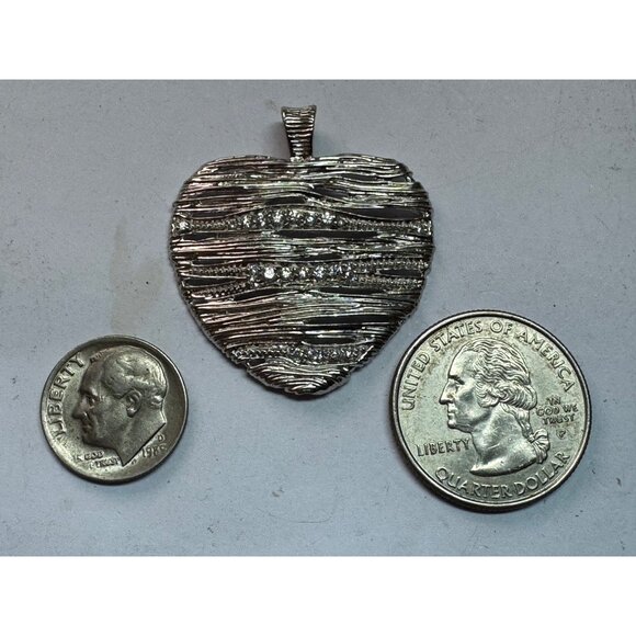 Estate Sterling Silver 925 Heart Pendant Textured Lines & CZ, 36.6mm, 6.7g - Picture 6 of 8